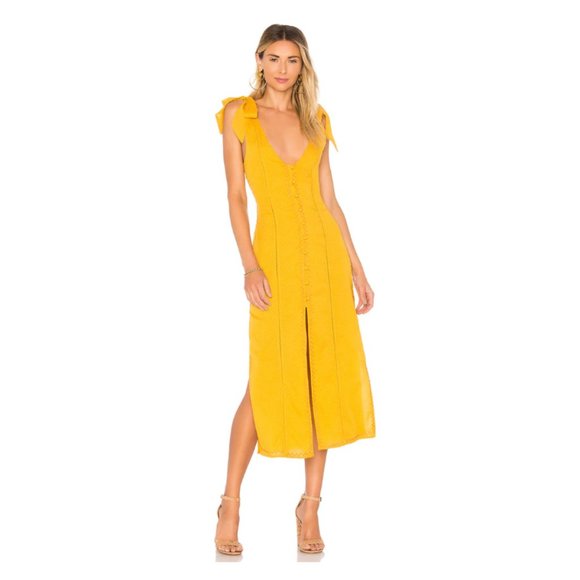 Tularosa Birdie Midi Dress Ginger Bow Straps Side Slits Mustard - Picture 2 of 14